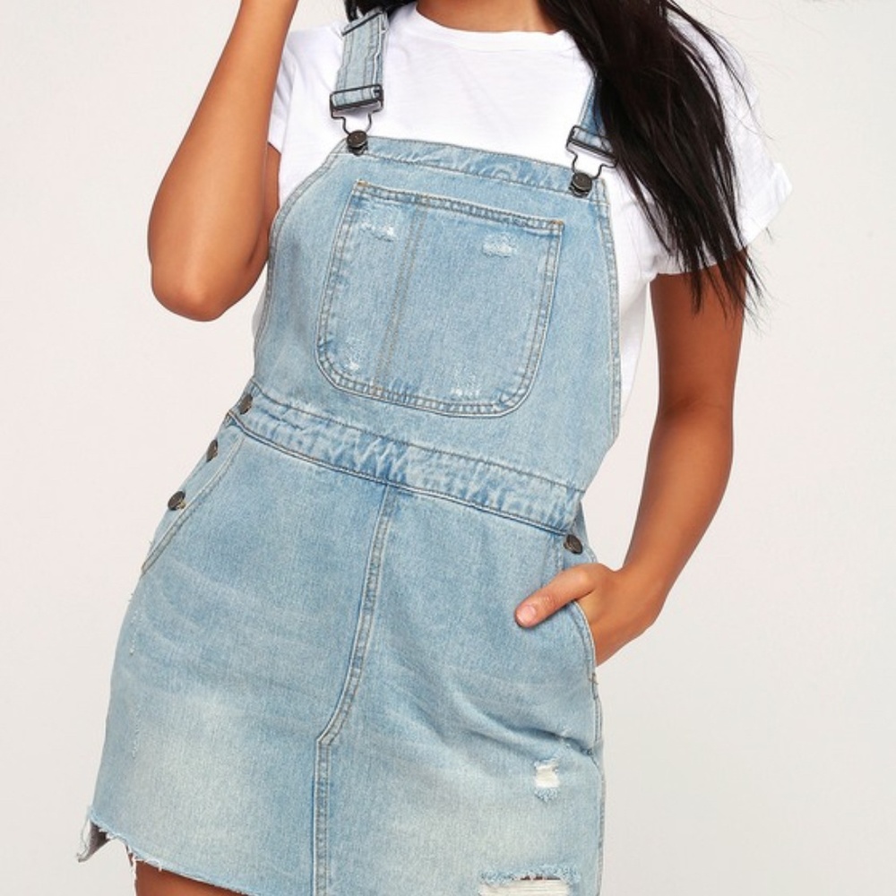 EVIDNT Light Wash Denim Skirt Overalls